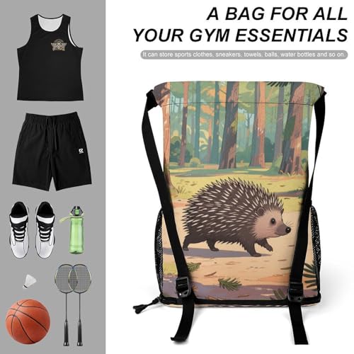 Small Gym Bag Porcupines in The Coniferous Forests Printed Drawstring Gym Bag for Men Lightweight Waterproof Drawstring Backpack for Women with Shoe Compartment for Travel Tourism Work And Fitness3