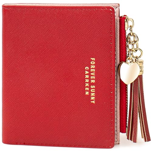 Image of KOTORA Womens Small Wallet Girls Tiny Slim Wallets Pretty Mini Card Holder Thin Short Zip Coin Purse with Love Pendant and Tassels (Red02)