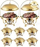 Chafing Dishes Set Gold Stainless Steel, 8 Quart Luxury Buffet Food Warmer with Hollow-Out Design, Elegant Buffet Warmer for Wedding, Hotel, Home Party, Christmas Catering (8, Light Gold)