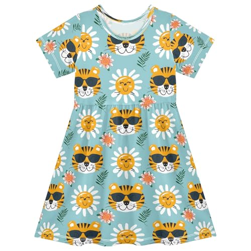 Summer Girl Dresses Cute Tiger Face 2 Toddler Short Sleeve A-line Dress Casual Sundress