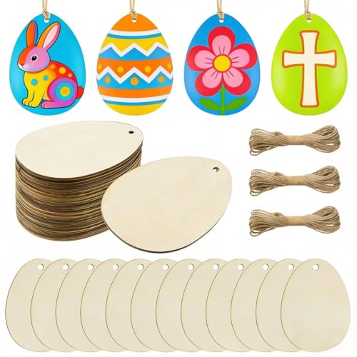 Saituo Home 24 Piezas Huevos de Pascua para Pintar, 8CM, Huevos de Pascua de Madera con 10 Cuerda, Colgable Manualidades Pascuas, Colgantes de Madera Adornos de Easter con Agujero para Colgar