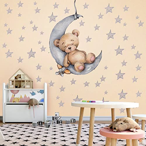 Vinilo Decorativo Osito Durmiendo en La Luna con 90 Estrellas miniatura 3