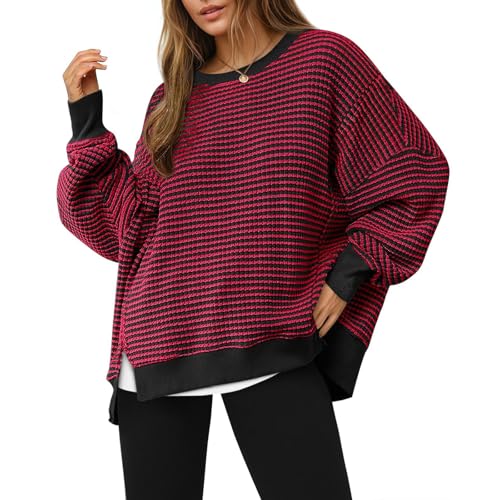 Striped Sweatshirt for Women Crewneck Long Sleeve Split Pullover Tunic Tops - image 1