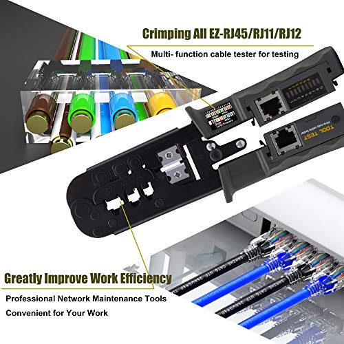 MAYLINE Network Crimp Tool RJ45 RJ11 Cat5 Cat6 Pass Through Crimper with 50pcs Connetors and 50pcs Covers Cable Tester Cutter Set, Network Multi-Function Cable Crimping Tool (Red)
