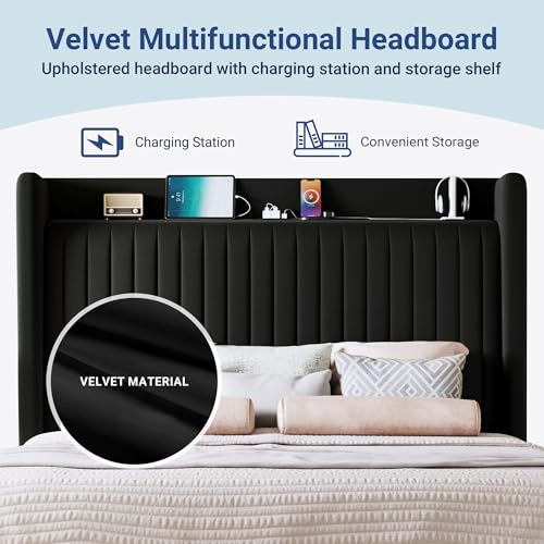 Image of Allewie Queen Size Platform Bed Frame with USB Charging Station and Storage Shelf /Upholstered Velvet Wingback Headboard /Wooden Slats Support /No Box Spring Needed /Easy Assembly, Black
