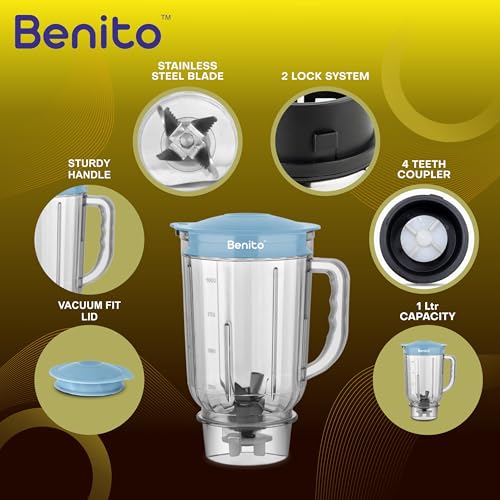 Image of Benito Crystal Transparent Polycarbonate Juicer Jar (1L) for Mixer Grinder - Compatible with 4-Teeth Coupler & Dual Locking System
