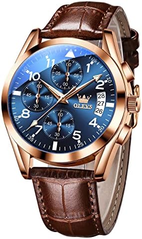 OLEVS Watch for Men Chronograph Brown Leather Gold Case Analog Quartz Fashion Business Dress Large Face Men Watch Day Date Luminous Waterproof Casual Male Wrist Watch Black/Blue/White Dial