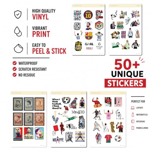 Image of Football Stickers Pack (5 Sheets) - Waterproof Soccer Stickers for Kids & Adults, Vinyl Decals for Laptop, Water Bottle, Phone, Car - Football Player & Team Designs