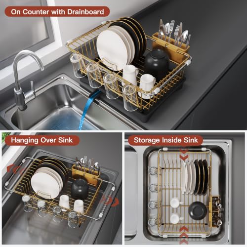 Image of JASIWAY Gold Dish Drying Rack in Sink with Drainboard and Utensil Holder