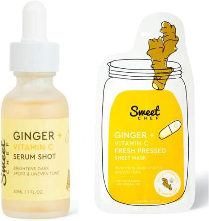 Sweet Chef Ginger + Vitamin C Facial Treatment Set! Face Serum and Sheet Mask! 1 Fl. Oz Vitamin C Serum! 2 Pack Face Sheet Mask! Brighten Dark Spot and Uneven Tone! All Natural Ingredients and Paraben