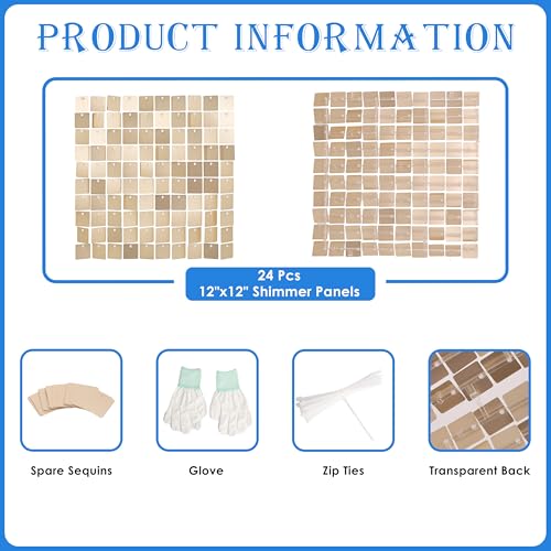 Image of Shimmer Wall Backdrop Champagne Gold Square Sequin Wall Panel Backdrop Decor for Wedding, Anniversary, Birthday, Party, 24 Panels