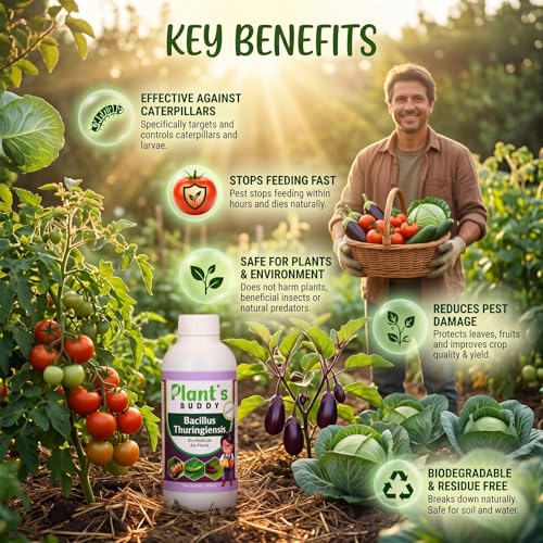 Image of PLANT'S BUDDY Bacillus Thuringiensis Kurstaki Liquid Insecticide for Plants (2x10⁹ CFU /ml) - 500 ml | Organic Pesticides for Plants for Caterpillar Control for Veggies, Fruits & Gardens