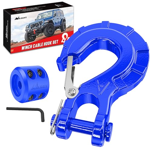Image of Nilight Forged Steel Winch Hook 3 /8 inch Grade 70 Safety Latch Winch Cable Hook Stopper & Clevis Slip Hook Sets, Included Allen Wrench,Max 35,000 lbs, Blue