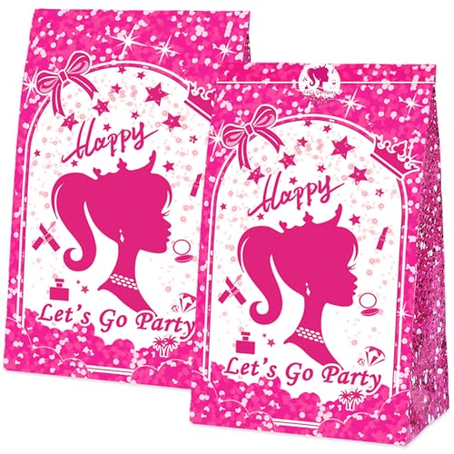 We1stdsee 24 Pack Pink Girl-Themed Party Goodie Bags with Sealing Stickers Candy Treat Party Favor Bags for Kids Girls Birthday Party Decorations Supplies