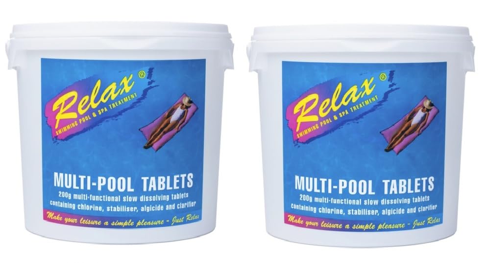 10kg Relax Large 200g Multi Function Chlorine Tablets - Swimming Pool Sanitiser - with added Algaecide & Clarifier (2 x 5kg) Tubs