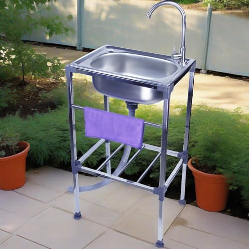 Lavello in Acciaio Inox Mobile Esterni/Interno/Giardino Autoportante Lavandino,Lavello Cucina 1 Vasca Lavelli Commerciale Con Rubinetti per Acqua Calda E Fredda,Facile Da Pulire