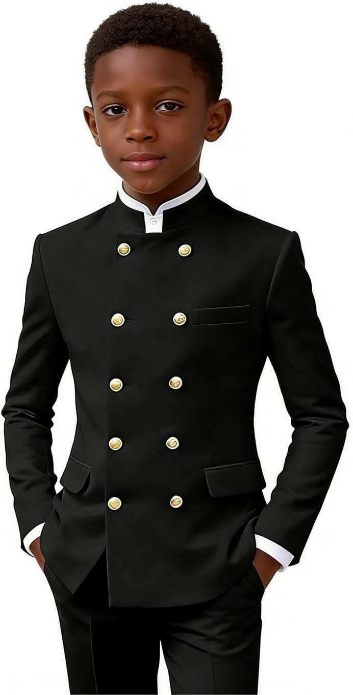 Boys Suits 2 Pieces Set Slim Fit Mandarin Collar Suit for Kid Double Breasted Traditional Chinese Kids Formal Suit