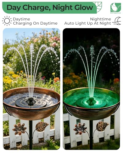 OUISJYER Metal Bird Bath with Solar Fountain - 12" Outdoor Birdbath Bowl + 6.3" Solar Pump with Battery LED Lights & with 4 Fixed Rods | Garden Bird Bath for Yard, Lawn, Patio, Flowing Water Feature — view 3