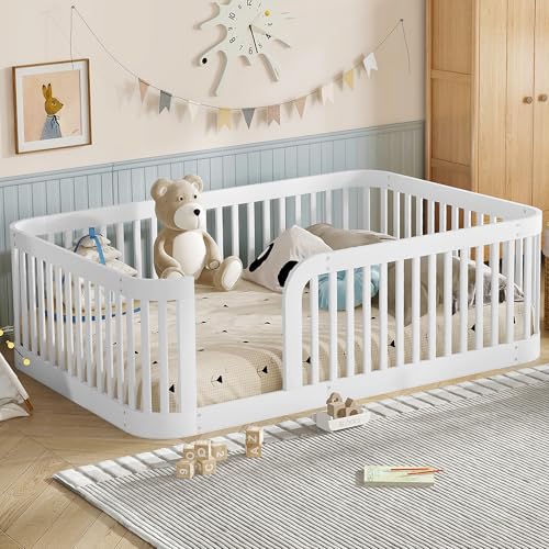 Image of Bellemave Full Size Floor Bed Frame with High Fence,Solid Wood Kids Montessori Floor Bed Full Size for Kids Girls Boys,Rounded Corner Design,White