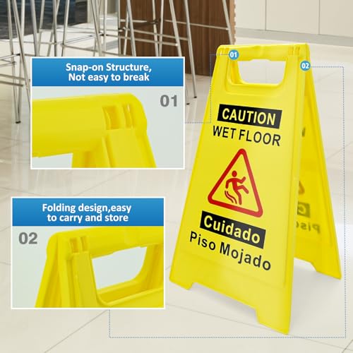 4-Pack Caution Wet Floor Sign, 17.5" Height, Bright Yellow, Double-Sided A-Shaped Frame Design, Bilingual Caution Message by YOLNEXI - Image 4