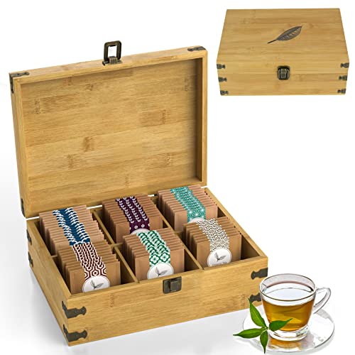 Zen Earth Inspired Caja organizadora de té de madera, pecho de almacenamiento de bambú | 6 ranuras altas, compartimentos ajustables, decoración natural 100% hecha a mano
