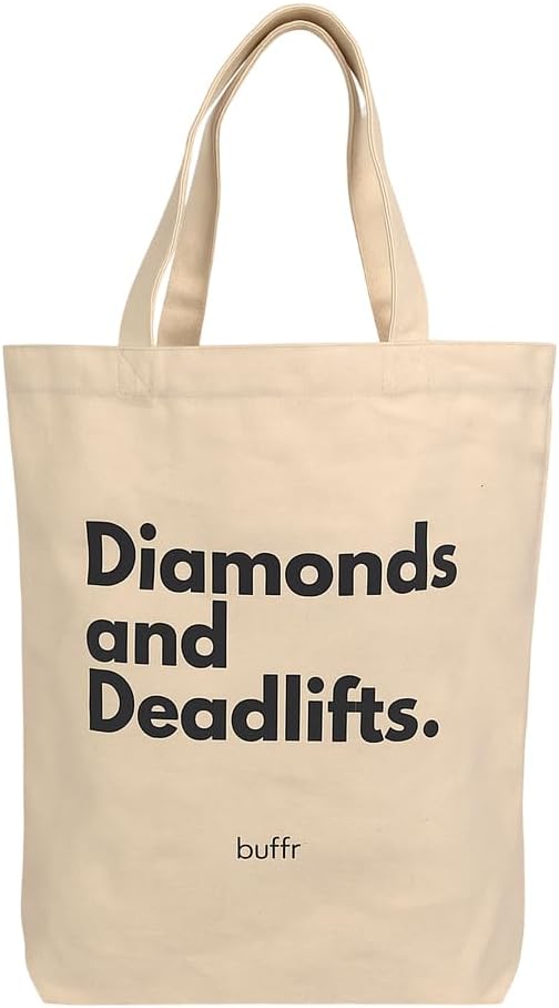 BUFFR “Diamonds and Deadlifts” Canvas Tote – Cute Gym Bag for Women with Soft Handles – Durable, Lightweight Cotton Tote for Daily Essentials or Fitness Gear