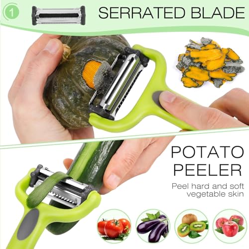 Image of Panchhi Store 3 in 1 Multifunction Peeler Vegetable Fruit Tool with Stainless Steel Blades Julienne Serrated Straight Cutter Ergonomic Handle Kitchen Peeler for Salad Potato Carrot Cucumber