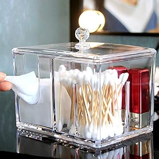 Cotton Pad Holder Organizer, Acrylic Makeup Cotton Swab Holder Multipurpose Cotton Pads Dispenser Container with Lids and 4 Sections, Cotton Bud Storage Organizer Box for Bathroom Bedroom