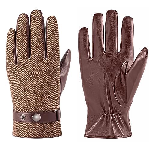 LADYBRO Classic Herringbone Tweed Gloves for Men Touchscreen Winter Warm Lined Driving Black Brown PU Retro 1920s, S-XXL