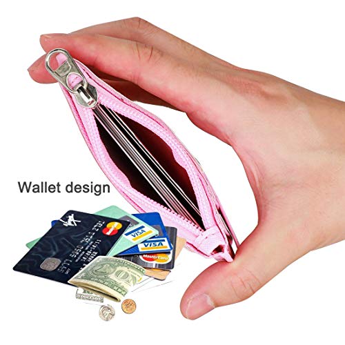 Image of ID Badge Holder with Lanyard,2 Sided 5 Card Slots ID Card Holder Wallet with PU Leather Zipper Pocket and Detachable Keychain Lanyard for Teens Women(Pink)