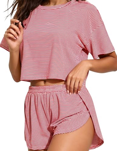Image of Split Short Pajama Set Soft Women's Striped Pajama Sleeve Tee & Elastic Waist Shorts Summer Lounge Sleepwear