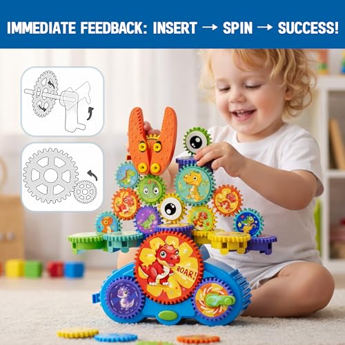Image of Motorized Gear Building Blocks Toys, Electric Dinosaur Spinning Set Ages 3-6, STEM Construction Kit, Fine Motor Cause-Effect Gift for Boys Girls | Spinning Gear Construction Kit, Fine Motor Cause-and-Effect STEM Building Toy, Gift for Kids Ages 3-6