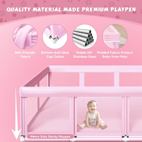 Image of Fshibila 74 inch x50 inch Large Baby Playpen, Baby Playard for Babies and Toddlers, Play Pens for Indoor & Outdoor, Sturdy Safety Play Yard with Soft Breathable Mesh, Anti-Fall, Pink
