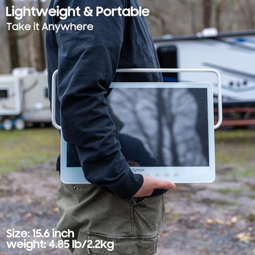 SYLVOX Smart Portable TV, 15.6'' Rechargeable Television 12V 10000mAh Battery Operated TV, IP66 Waterproof, Wireless, Google Assistant, Small Television for Bedroom Bathroom Kitchen Camping