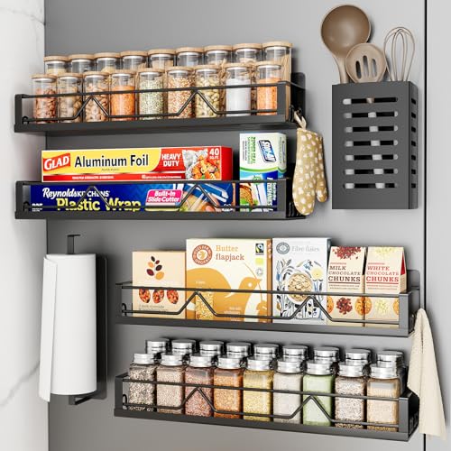 Image of 16.9 Inch Wide Large Capacity Magnetic Spice Rack for Refrigerator, 6 Pack Metal Fridge Shelf, Black