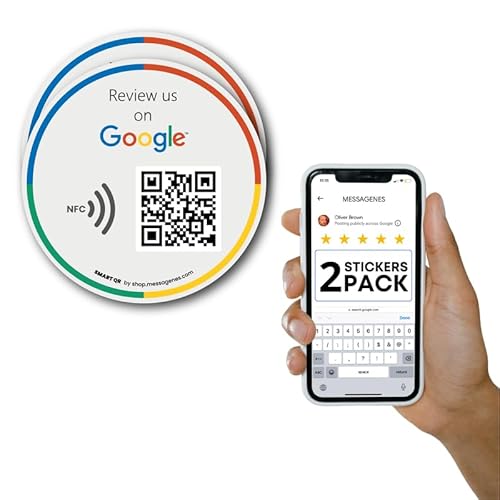 Reusable QR & NFC Tap Review Sticker - 2-Pack - Boost Google Reviews - iPhone & Android - by MESSAGENES