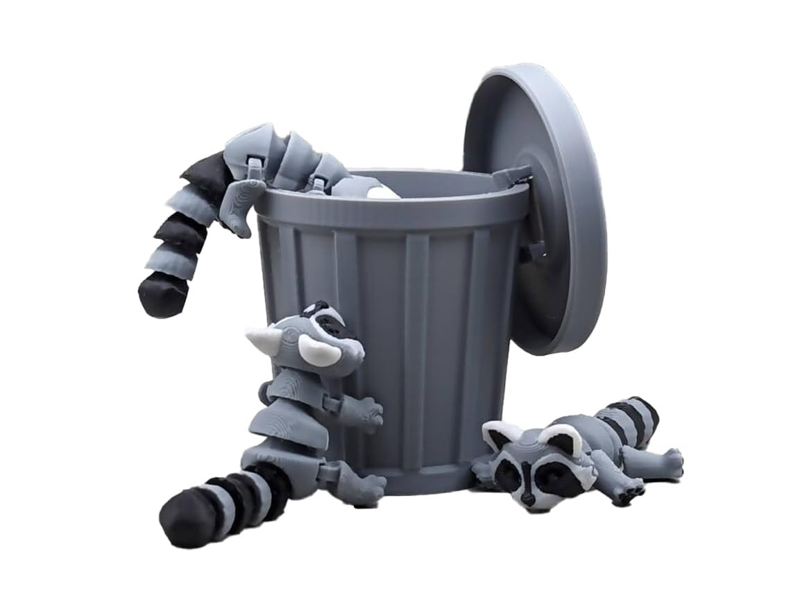 Raccoon Trash Can Figures, Fun posable, Funny Animal Gift, 3D Printed Decorative Figurine Set, Fidget, Crashpixel, Set of 3 (Racoons 2.65in Long,