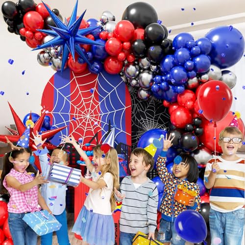 Image of Spider Theme Balloon Arch Kit with Black Red and Blue Balloons