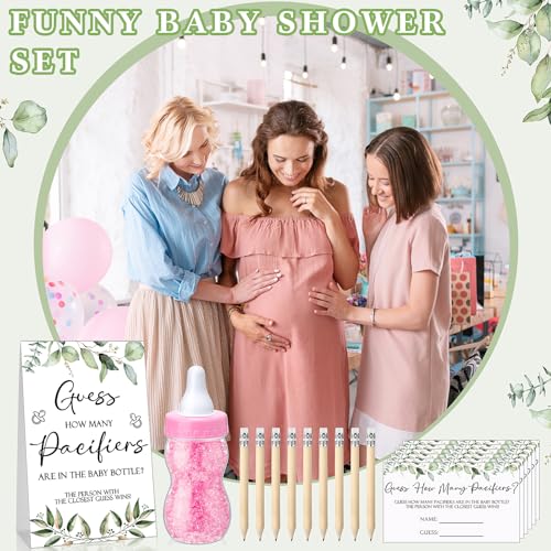 Image of Roowest 512 Pcs Baby Shower Games Guess How Many Pacifiers Sign 100 Small Guessing Games 10 HB Pencils 750ml Milk Bottle 400 Acrylic Pacifiers Decoration for Guest Gender Reveal(Pink,Plant)