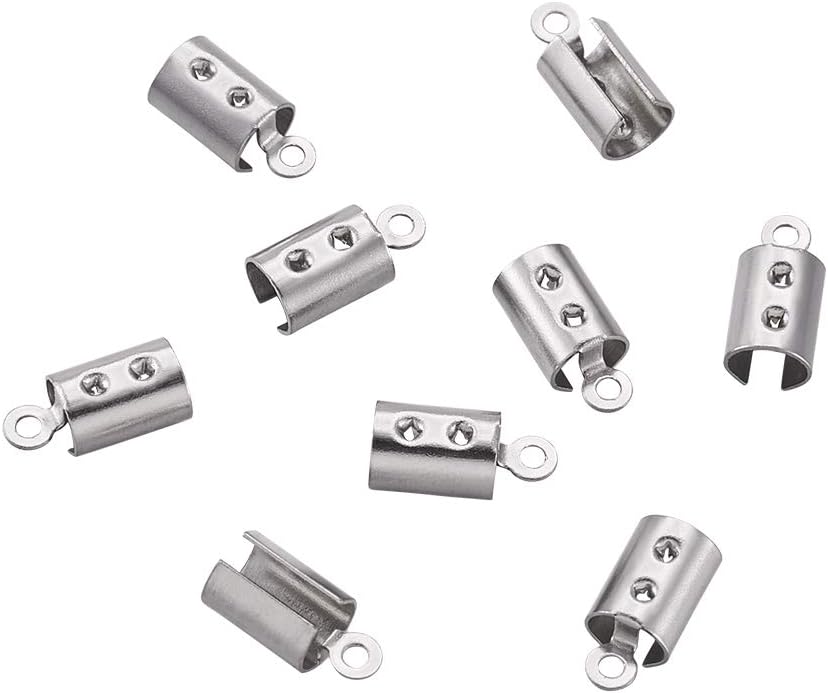 FASHEWELRY 200Pcs 304 Stainless Steel Folding Crimp Ends 12.5x5x5mm Cord Ends Terminators Crimp End Tips with Loop for DIY Jewelry Making