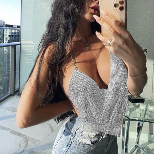 Sexy Women's Rhinestones Top Metal Chain Crop Top Backless Sleeveless Vest Sequin Halter Tank Nightclub Party Dance Rave3