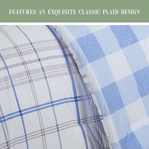 Image of Elegant Comfort 8-Piece Lodge Plaid Reversible Comforter Set - All Season Bed in a Bag, 4-Piece Sheet Set Featuring Smart Pockets, Matching Shams and Decorative Pillow, Full /Queen, Aqua