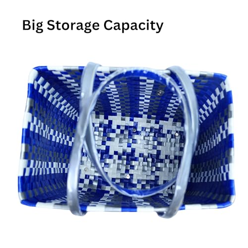 Image of Hand Made Multipurpose Plastic Basket with Lid | Eco-Friendly, Washable, Rust-Free Storage Basket for Kitchen, Picnic, Toys, Travel, Office | Lightweight basket (Blue with Grey, Extra Small)