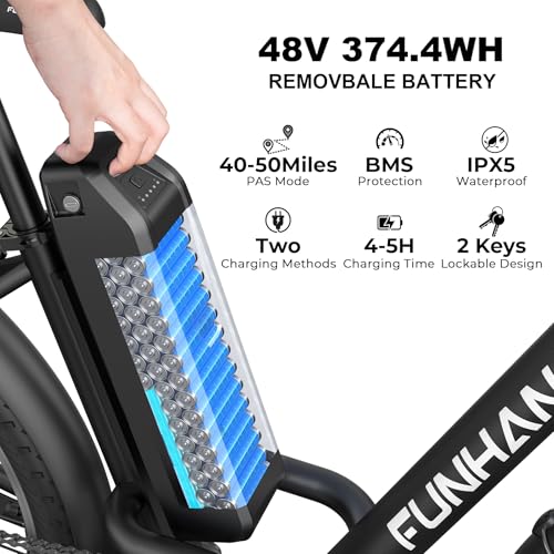 Funhang Electric Bike For Adults, 26 Inch 750W Peak City Cruiser Ebike, 21.7Mph 50 Miles Commuter Electric Bicycle With 48V 374.4Wh Removable Li-Ion Battery thumb #2