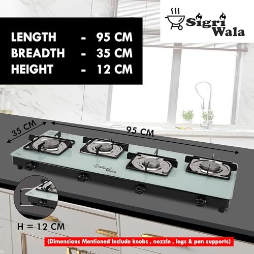 Image of Sigri-Wala 4 Burner Automatic Gas Stove for Kitchen | Orchid White Toughened Glass Cooktop | LPG Compatible | High Efficiency Burners | ISI Certified