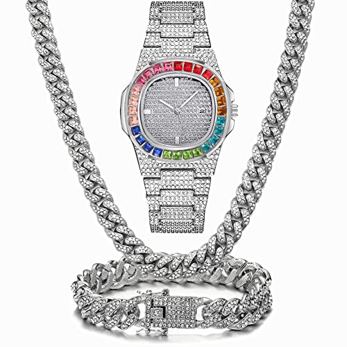 Collar pulsera cadena cubana y reloj con calendario en estuche de regalo ideal