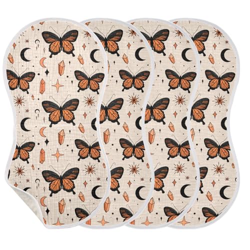 J JOYSAY Moon Butterfly Star Beige Baby Burp Cloths for Boys Girls Large 22''x11'' Cotton 4 Layer Burp Rags for Drool Newborn one sizex4