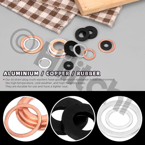 Image of Hilitchi 150Pcs Aluminum Copper Oil Drain Plug Gasket and Black Nylon Flat Washer Assortment Kit, M10 M12 M14 M16 M18 Oil Crush Washers Sealing Washers Rubber Grommet for Car Household Appliances