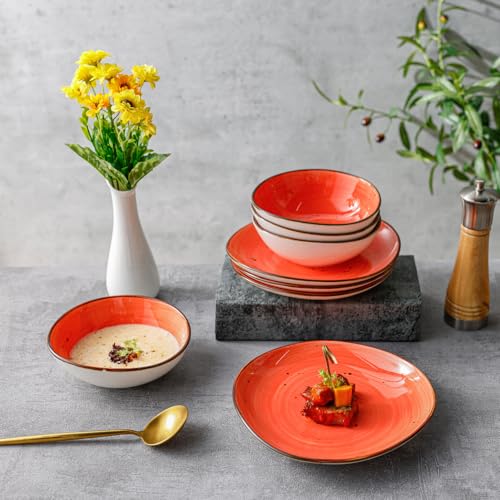 Kadum Potosi 8-teiliges Geschirrset für 4 Personen | Speiseteller Keramikteller hochwertige Keramik Bowls Saladbowls | 4x Frühstücksteller Ø 21,0 cm & 4x Salatbowl Ø 15,0 cm (Rot-Orange)