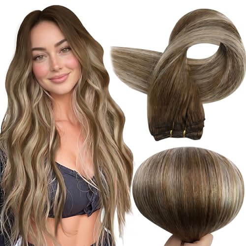 Image of Full Shine 18 Inch Weft Hair Extensions, Sew In Real Human Hair Balayage | Color Light Brown To Platinum Blonde Mix Brown, 105G Remy Straight Hair Weft, Sew In Extensions, Add Length, Date Night